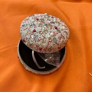 Handmade Round Beaded Trinket Box with Faux Pearls and Floral Accents